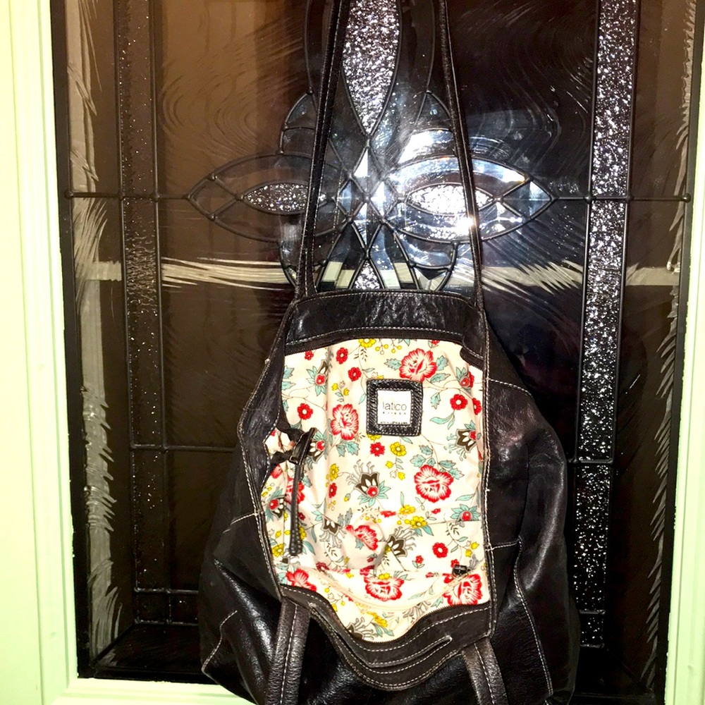 Latico vintage dark gray leather tote w vibrant floral fabric interior!
